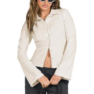imageCHARTOU Womens Stripe Button Up Y2k Shirt Cropped Flare Long Sleeve Blouse Polo Collar Business Casual TopsApricot