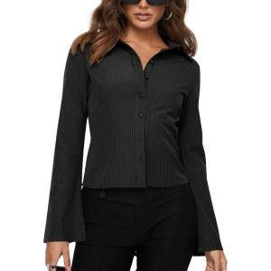 imageCHARTOU Womens Stripe Button Up Y2k Shirt Cropped Flare Long Sleeve Blouse Polo Collar Business Casual TopsBlack