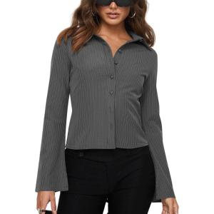 imageCHARTOU Womens Stripe Button Up Y2k Shirt Cropped Flare Long Sleeve Blouse Polo Collar Business Casual TopsGrey
