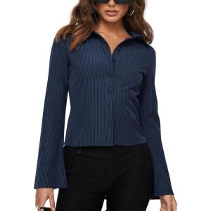 imageCHARTOU Womens Stripe Button Up Y2k Shirt Cropped Flare Long Sleeve Blouse Polo Collar Business Casual TopsNavy Blue
