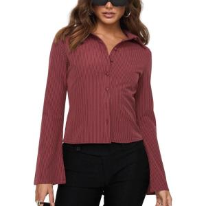 imageCHARTOU Womens Stripe Button Up Y2k Shirt Cropped Flare Long Sleeve Blouse Polo Collar Business Casual TopsRed