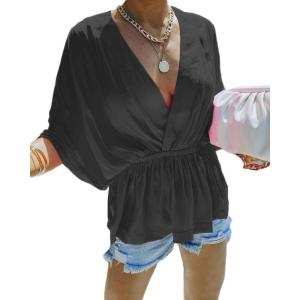 imageCHARTOU Womens Summer Plunge V Neck BatWing Short Sleeve ElasticWaist Peplum Shirt BlouseBlack