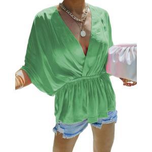 imageCHARTOU Womens Summer Plunge V Neck BatWing Short Sleeve ElasticWaist Peplum Shirt BlouseGreen