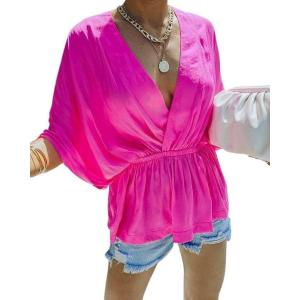 imageCHARTOU Womens Summer Plunge V Neck BatWing Short Sleeve ElasticWaist Peplum Shirt BlouseRose