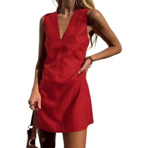 imageCHARTOU Womens Summer Sleeveless Mini Dress Cotton Linen V Neck Cinched A Line Slim Tank Short DressRed