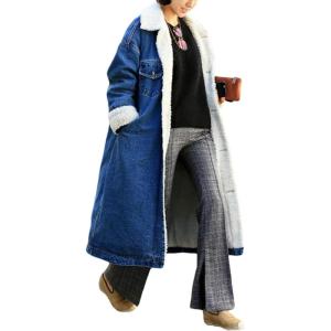 imageCHARTOU Womens Thicken Loose Sherpa Fleece Lined Button Down Long Denim Jacket OvercoatDark Blue