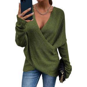 imageCHARTOU Womens Trendy V Neck Crisscross Knitted Sweater Pullover KnitwearArmy Green