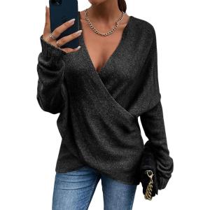 imageCHARTOU Womens Trendy V Neck Crisscross Knitted Sweater Pullover KnitwearBlack