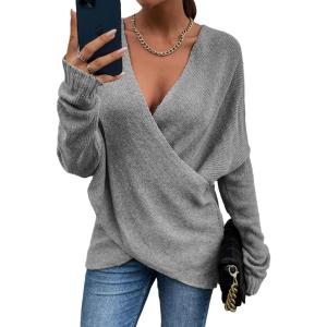 imageCHARTOU Womens Trendy V Neck Crisscross Knitted Sweater Pullover KnitwearGrey