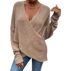 imageCHARTOU Womens Trendy V Neck Crisscross Knitted Sweater Pullover KnitwearKhaki