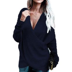 imageCHARTOU Womens Trendy V Neck Crisscross Knitted Sweater Pullover KnitwearNavy