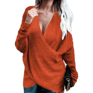 imageCHARTOU Womens Trendy V Neck Crisscross Knitted Sweater Pullover KnitwearOrange