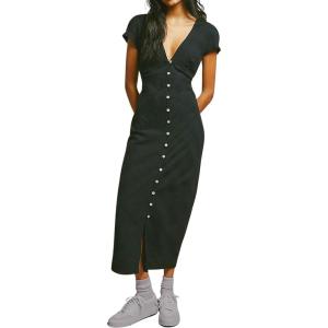 imageCHARTOU Womens V Neck Button Up Cotton Midi Dress Slim Waist Smocked Textured Short Sleeve Sun DressBlack