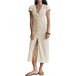 imageCHARTOU Womens V Neck Button Up Cotton Midi Dress Slim Waist Smocked Textured Short Sleeve Sun DressLight Yellow