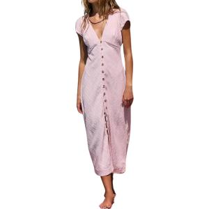 imageCHARTOU Womens V Neck Button Up Cotton Midi Dress Slim Waist Smocked Textured Short Sleeve Sun DressPink