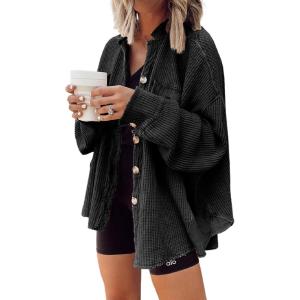 imageCHARTOU Womens Vintage Banded Collar Button Down Baggy Loose Fit MidWeight Frayed Waffle Knit Shacket Shirt TopsBlack