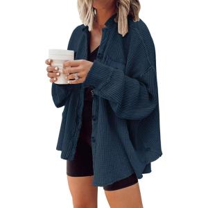 imageCHARTOU Womens Vintage Banded Collar Button Down Baggy Loose Fit MidWeight Frayed Waffle Knit Shacket Shirt TopsBlue