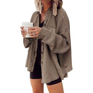 imageCHARTOU Womens Vintage Banded Collar Button Down Baggy Loose Fit MidWeight Frayed Waffle Knit Shacket Shirt TopsCoffee