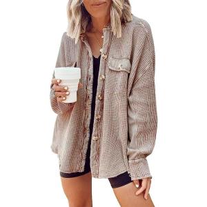 imageCHARTOU Womens Vintage Banded Collar Button Down Baggy Loose Fit MidWeight Frayed Waffle Knit Shacket Shirt TopsKhaki