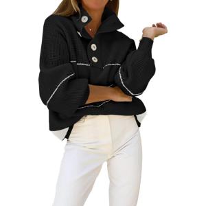 imageCHARTOU Womens Waffle Knit Knitwear Slouchy Striped Polo Collared Long Sleeve Pullover Sweater TopsBlack