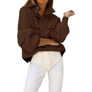 imageCHARTOU Womens Waffle Knit Knitwear Slouchy Striped Polo Collared Long Sleeve Pullover Sweater TopsCoffee