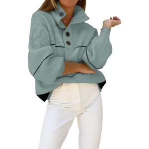 imageCHARTOU Womens Waffle Knit Knitwear Slouchy Striped Polo Collared Long Sleeve Pullover Sweater TopsGreen