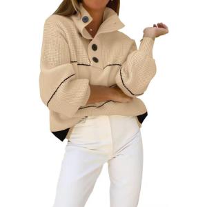 imageCHARTOU Womens Waffle Knit Knitwear Slouchy Striped Polo Collared Long Sleeve Pullover Sweater TopsKhaki