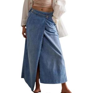 imageCHARTOU Womens Wrap Denim Midi Skirt A Line Long Jean Skirt Flowy Slit Mid Waist Cargo Skirts with PocketsLight Blue