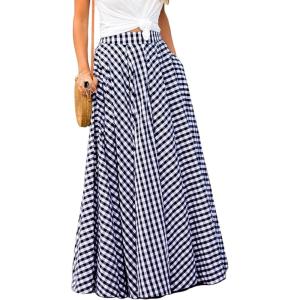 imageCHARTOU Womens Summer Elastic High Waist Plaid Ruffled Maxi Skirt Swing Flowy A Line SkirtBlue