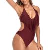 imageCHARTOU Womens Sexy Tassel One Piece Swimsuit Cutout Halter Beach Bikini Bathing Suit MonokiniWine Red