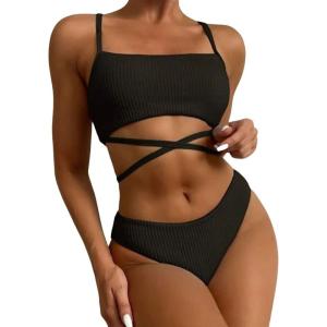 imageCHARTOU Womens Sexy 2 Piece Triangle Bikini Sets Crisscross Tie Beach Thong Swimsuit with PadsBlack