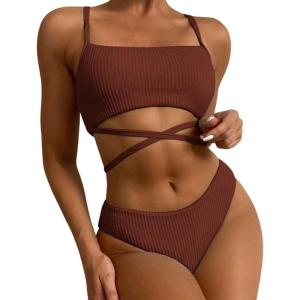 imageCHARTOU Womens Sexy 2 Piece Triangle Bikini Sets Crisscross Tie Beach Thong Swimsuit with PadsCoffee