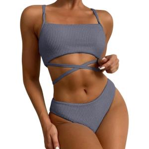 imageCHARTOU Womens Sexy 2 Piece Triangle Bikini Sets Crisscross Tie Beach Thong Swimsuit with PadsGrey
