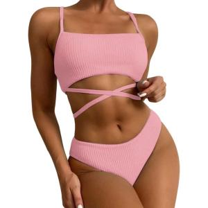 imageCHARTOU Womens Sexy 2 Piece Triangle Bikini Sets Crisscross Tie Beach Thong Swimsuit with PadsPink