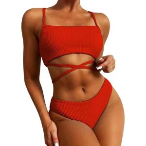 imageCHARTOU Womens Sexy 2 Piece Triangle Bikini Sets Crisscross Tie Beach Thong Swimsuit with PadsRed