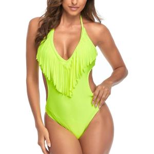 imageCHARTOU Womens Sexy Tassel One Piece Swimsuit Cutout Halter Beach Bikini Bathing Suit MonokiniLight Green