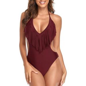 imageCHARTOU Womens Sexy Tassel One Piece Swimsuit Cutout Halter Beach Bikini Bathing Suit MonokiniWine Red