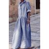 imageCHARTOU Women Plaid Jumpsuit Button Shirt Roll Up Long Sleeve Romper Gingham Wide Leg Jumpsuit Flowy Pants One PieceBlue