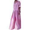 imageCHARTOU Women Plaid Jumpsuit Button Shirt Roll Up Long Sleeve Romper Gingham Wide Leg Jumpsuit Flowy Pants One PiecePink