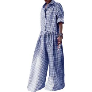 imageCHARTOU Women Plaid Jumpsuit Button Shirt Roll Up Long Sleeve Romper Gingham Wide Leg Jumpsuit Flowy Pants One PieceBlue