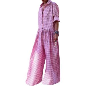 imageCHARTOU Women Plaid Jumpsuit Button Shirt Roll Up Long Sleeve Romper Gingham Wide Leg Jumpsuit Flowy Pants One PiecePink