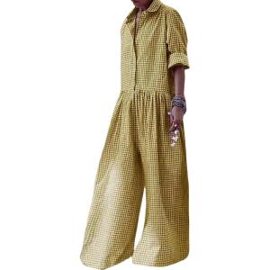 imageCHARTOU Women Plaid Jumpsuit Button Shirt Roll Up Long Sleeve Romper Gingham Wide Leg Jumpsuit Flowy Pants One PieceYellow