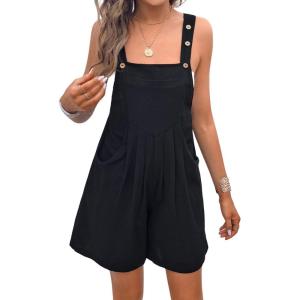 imageCHARTOU Women Summer Loose Bib Romper Short Overalls Pleated Cotton Linen Jumpsuit Sleeveless Wide Leg Overalls RomperBlack