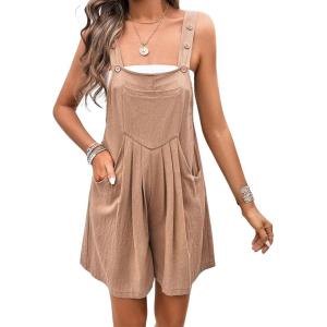 imageCHARTOU Women Summer Loose Bib Romper Short Overalls Pleated Cotton Linen Jumpsuit Sleeveless Wide Leg Overalls RomperBrown