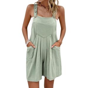 imageCHARTOU Women Summer Loose Bib Romper Short Overalls Pleated Cotton Linen Jumpsuit Sleeveless Wide Leg Overalls RomperPea Green