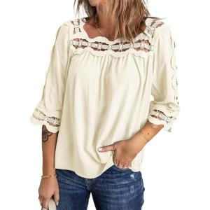 imageCHARTOU Womens Loose Lace Half Sleeve Ruffle Blouse Shirt Work Office Hollow Out Pullover TopBeige