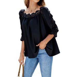 imageCHARTOU Womens Loose Lace Half Sleeve Ruffle Blouse Shirt Work Office Hollow Out Pullover TopBlack