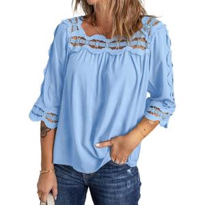 imageCHARTOU Womens Loose Lace Half Sleeve Ruffle Blouse Shirt Work Office Hollow Out Pullover TopBlue