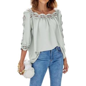 imageCHARTOU Womens Loose Lace Half Sleeve Ruffle Blouse Shirt Work Office Hollow Out Pullover TopLight Green