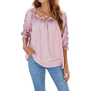 imageCHARTOU Womens Loose Lace Half Sleeve Ruffle Blouse Shirt Work Office Hollow Out Pullover TopPink